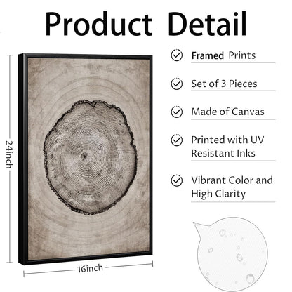 okudolit Tree Rings Canvas Wall Art Set Large Framed Modern Wood Stump Paintings Neutral Abstract Black Beige Wall Decor Forest Nature Art Print for Living Room Bedroom Dining Room Office-16 x24 x3