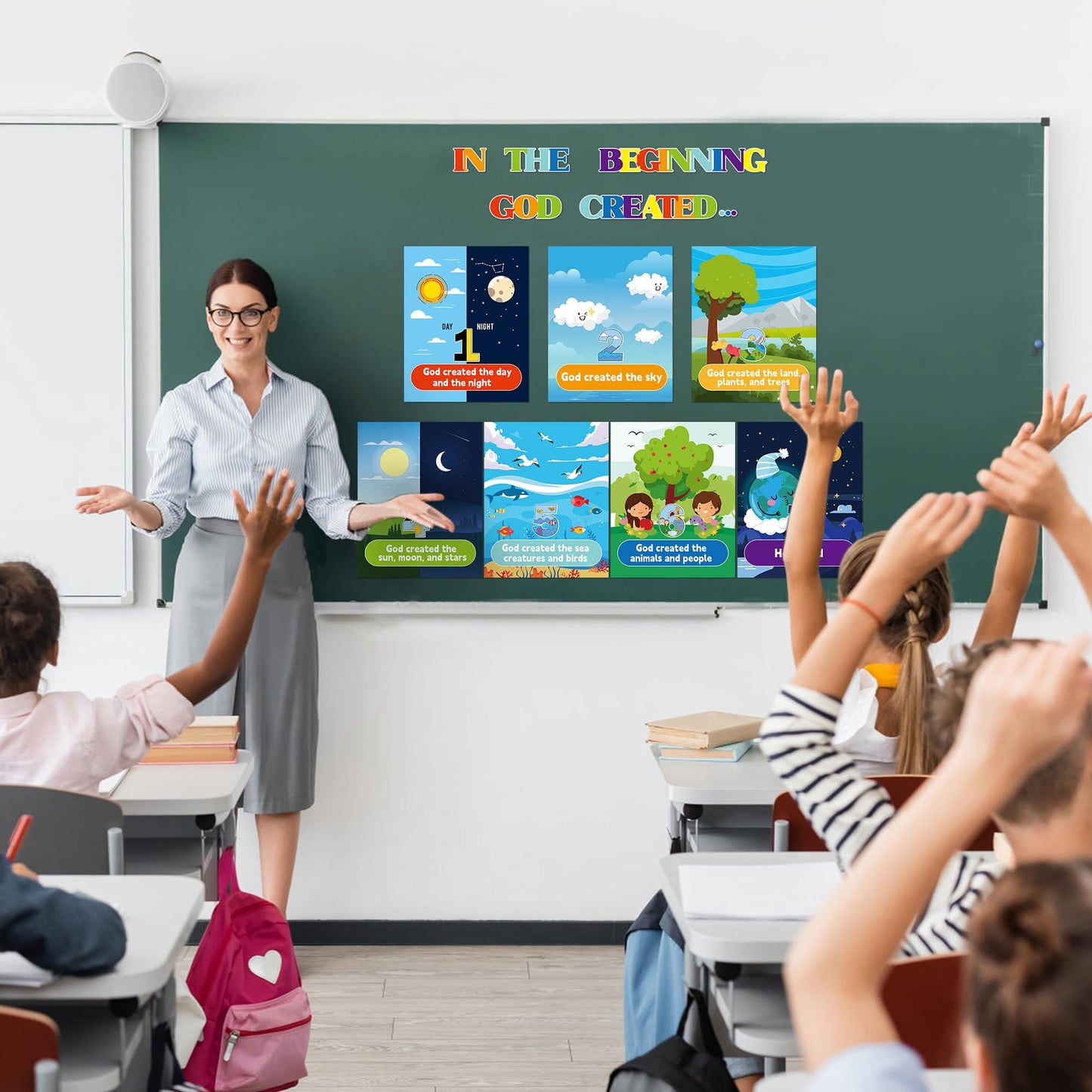 HoniedPepperino 7 Days of Creation Poster - 13.7x11in God Created The World Educational Paper Wall Art for Sunday School Decorations, Back to School Teacher Supplies & Bulletin Board for VBS