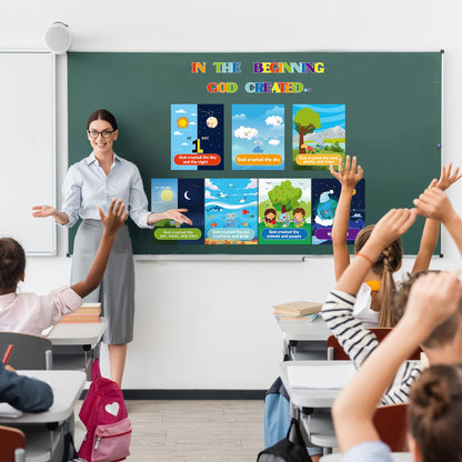 HoniedPepperino 7 Days of Creation Poster - 13.7x11in God Created The World Educational Paper Wall Art for Sunday School Decorations, Back to School Teacher Supplies & Bulletin Board for VBS