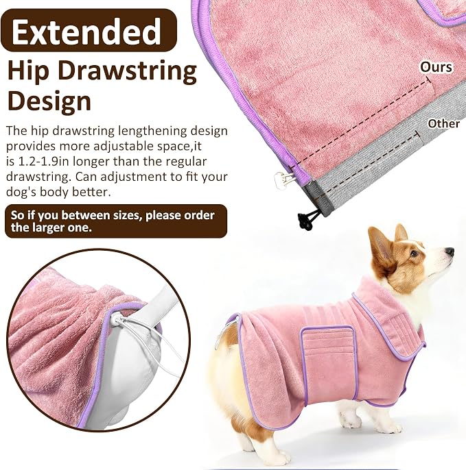 Soft Dog Bathrobe Fast Drying Dog Coat, Super Absorbent Dog Towels for After Bath, Microfiber Pet Robe Adjustable Collar & Belly Warm Keeping Dogs Coat for Pet Dogs & Cats (Pink, Large)