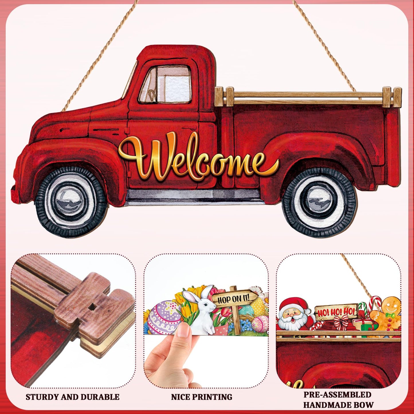 Ferraycle 13 Pcs Fall Interchangeable Welcome Sign, Red Truck Door Hanger with 12 Seasonal Signs, Holiday Christmas Rustic Farmhouse Front Door Decor