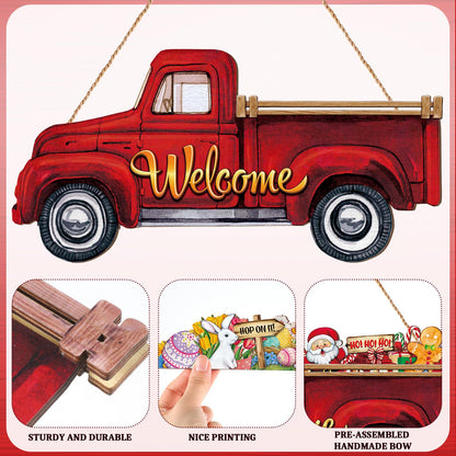 Ferraycle 13 Pcs Fall Interchangeable Welcome Sign, Red Truck Door Hanger with 12 Seasonal Signs, Holiday Christmas Rustic Farmhouse Front Door Decor