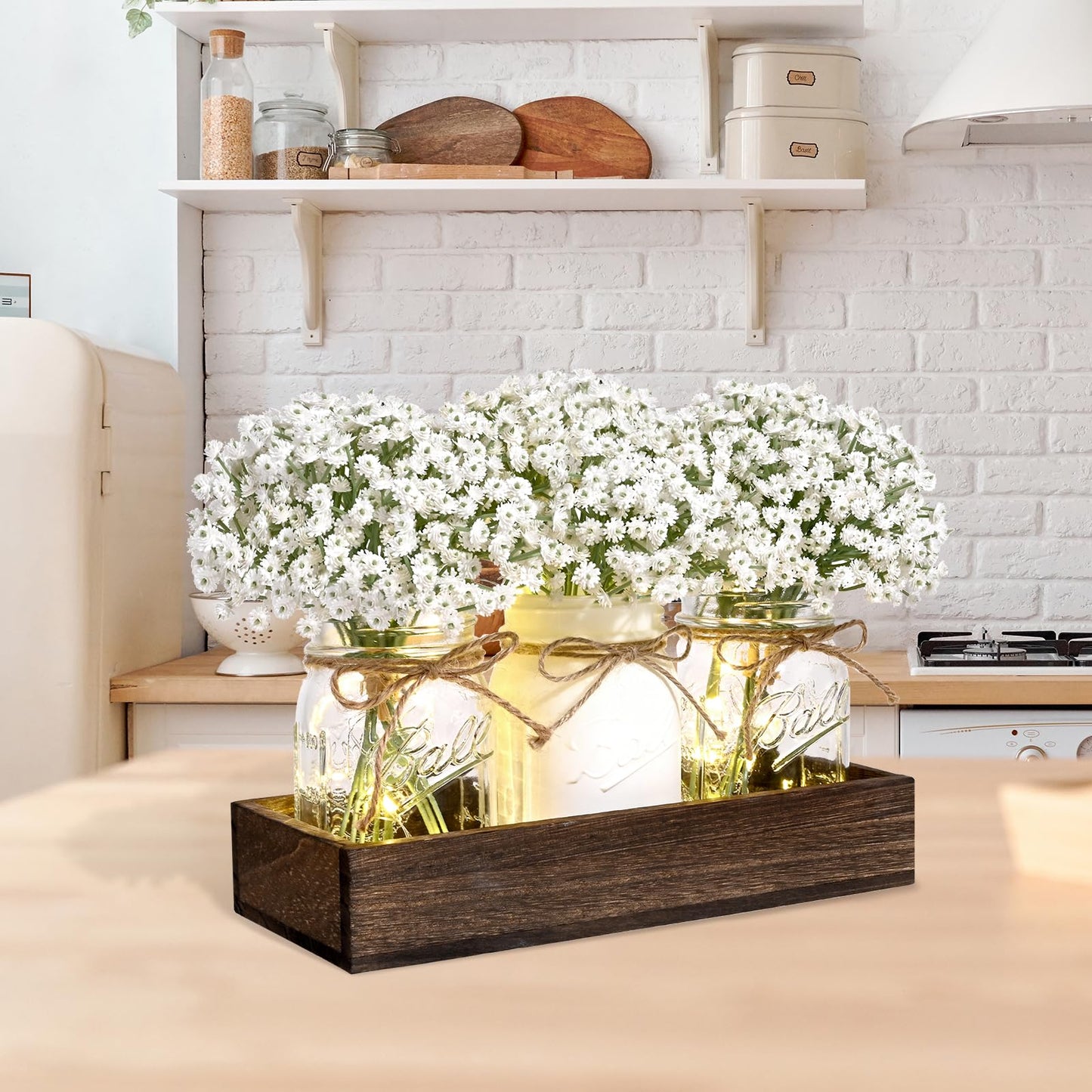 BLEUM CADE Mason Jar Centerpiece Table Decorations, Lights Centerpiece for Kitchen Dining Table Farmhouse Coffee Table Wedding Home Decor with 3 Jars Babys Breath Artificial Flowers & Wood Tray