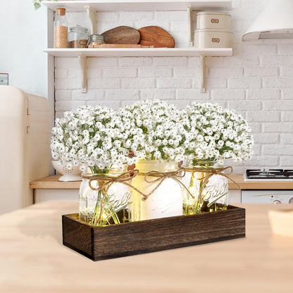 BLEUM CADE Mason Jar Centerpiece Table Decorations, Lights Centerpiece for Kitchen Dining Table Farmhouse Coffee Table Wedding Home Decor with 3 Jars Babys Breath Artificial Flowers & Wood Tray
