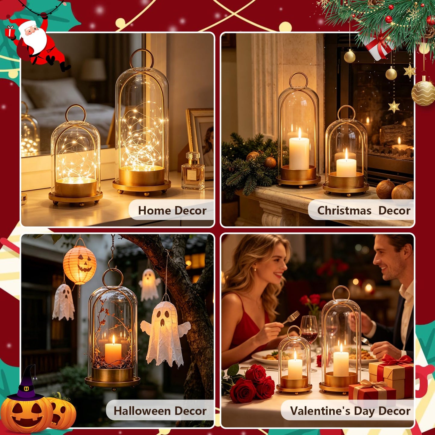 GLUUFLOWER 5"&4" Hurricane Glass Candle Holder Set - Hanging Pillar Candle Lantern with Glass Chimney, Metal Frame for Wedding Centerpieces Dining Table Mantel Holiday Home Decor