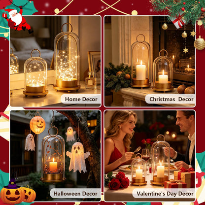 GLUUFLOWER 5"&4" Hurricane Glass Candle Holder Set - Hanging Pillar Candle Lantern with Glass Chimney, Metal Frame for Wedding Centerpieces Dining Table Mantel Holiday Home Decor