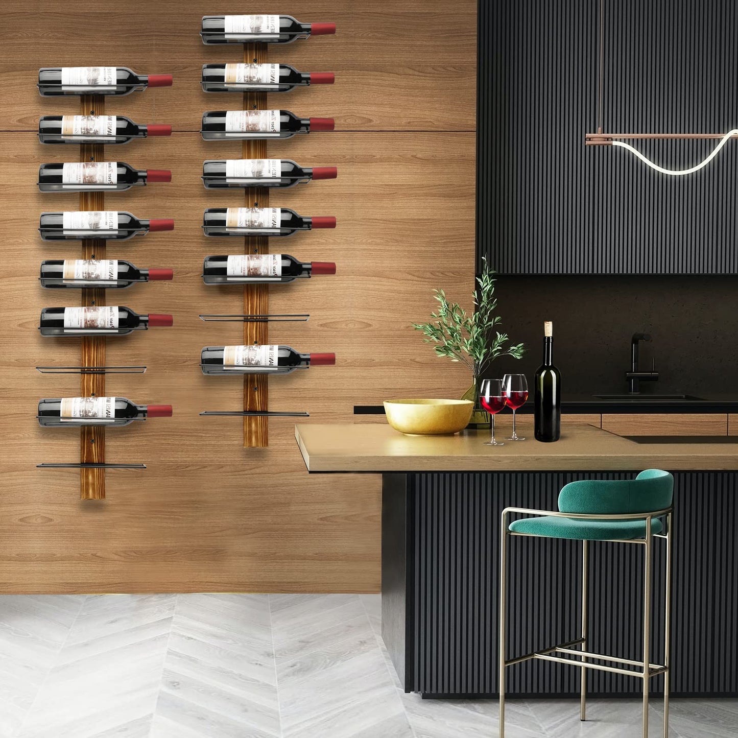 Feemiyo Wall-Mounted Wine Rack - Pine Wood Holder for 12 Bottles - Display for Kitchen, Dining Room, Bar
