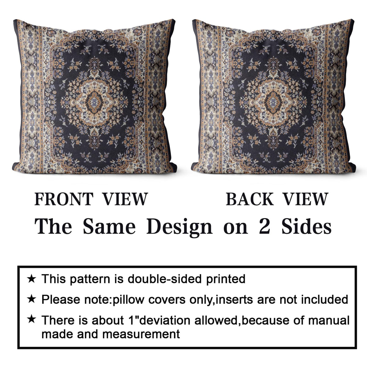 Snycler Boho Throw Pillow Covers 16x16 inch Set of 2 Black Medallion Border Area Rug Double Sided Pattern Cotton Soft Pillow Case Cushion Cover Pillowcase for Couch Sofa Bed Decorative
