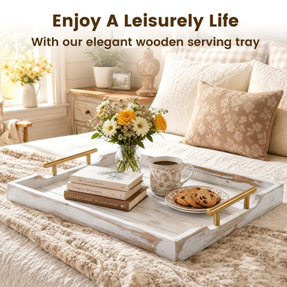 ComfyTune Wood Serving Tray with Metal Handles, 17x13in Large Wooden Tray for Ottoman, Coffee Table, Breakfast, Dinner & Bar, Decorative Tray for Living Room, Bedroom, Bathroom and Kitchen, Off-White