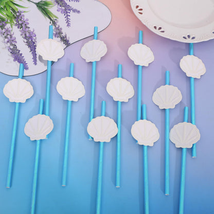 12Pcs White Shell Blue Straws - Ocean Birthday Wedding Decorations,Shell Disposable Drinking Paper Straws,Last Toast on the Coast Party Decorations,Seashells Bachelorette Party Centerpieces