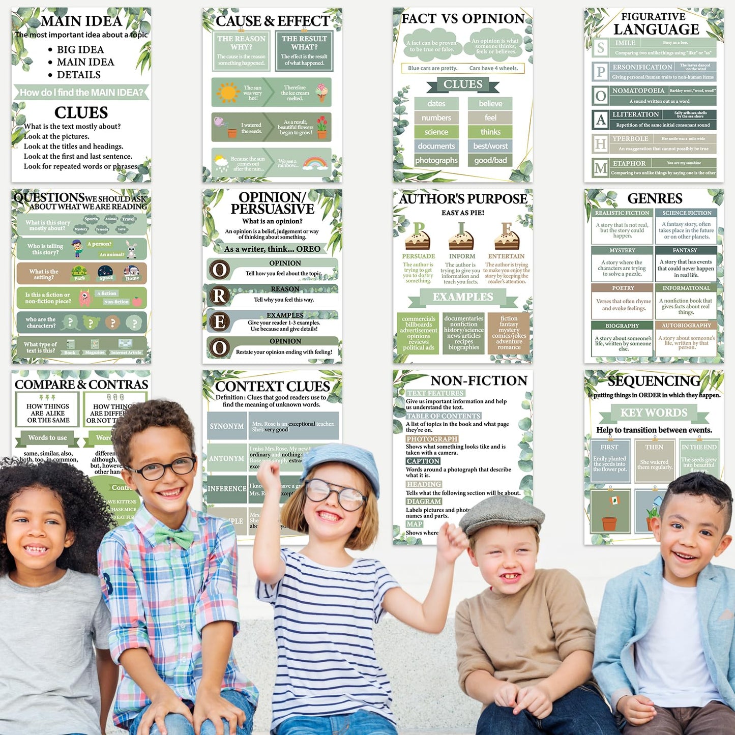 QOUBAI 12pcs Reading Comprehension Classroom Posters Eucalyptus English Language Arts Bulletin Board Chart Decor Reading Corner Poster for Elementary Middle High School Wall Decor Classroom Must Haves