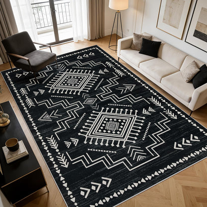 Joydeco Moroccan 5x7 Western Black and White Rugs for Living Room, Washable Soft Aztec Rug for Bedroom, Low Pile Distressed Modern Carpet for Dining Room Playroom Office Home Decor