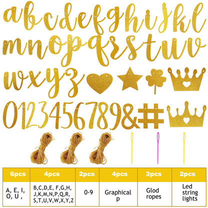 TaoBary 167 Pcs DIY Banner Kit Happy Birthday Glitter Banner Customizable Glitter Make Your Own Kit 162 Letters Symbols and Numbers 3 Rope for Birthday Halloween Wedding Christmas(Gold)