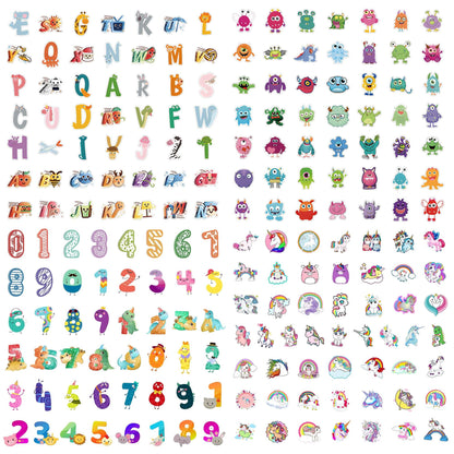 200pcs Reusable Waterproof Vinyl Stickers for Kids-Cartoon Animals Designs Unicorn Little Monster Numbers Letters, Laptop Skateboard No Residue Decals for Water Bottle (Boys&Girls) Bobiagooo