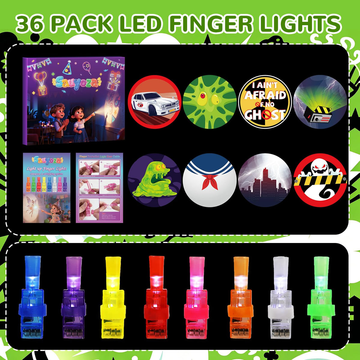 Sauyoza 36 Pack Green Ghost Party Favors LED Finger Lights for Kids, Green Ghost Themed Goodie Bag Stuffers, Classroom Treasure Box Prizes, Glow in the Dark Ghost Party Supplies