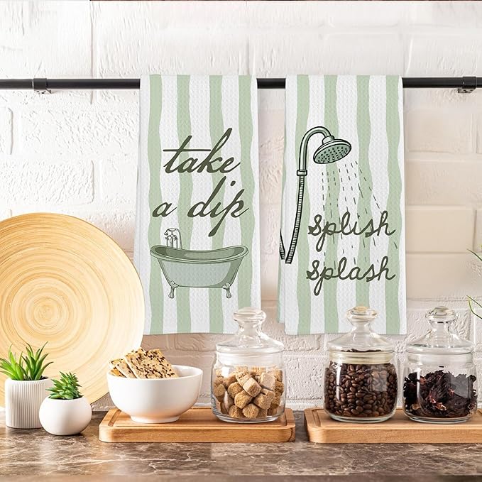 Sage Green Hand Towels for Bathroom Set of 2, Splish Splash Bathtub Dish Tea