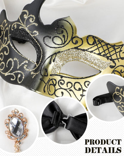 Zinniday 3 Pcs Masquerade Mask for Men, Black Gold Opera Venetian Mask Set with Rhinestone Brooch Bowtie, Opera Half Face Masks Kit for Man Halloween Prom Renaissance Carnival Party Accessory