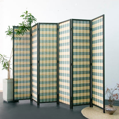 Furnnylane 6 Panel Bamboo Room Divider - 5.6 ft Tall (67" H x 94.5" W), Double-Sided Folding Privacy Screen in Blue Woven Stripe, No-Drill Freestanding Partition for Home Office & Bedroom