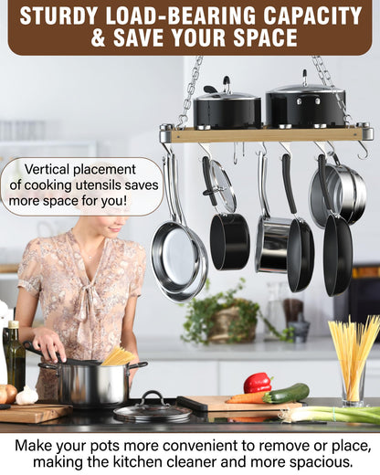 Cooks Standard Classic Ceiling Wood Pot Rack, 24x18 Inch Heavy Duty Hanging Cookware Organizer with Metal Grate & Solid Cast Aluminum Hooks, Movable Tracks Design