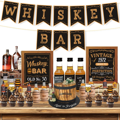 Whiskey Bar Decoration Kit, DIY Whiskey Bar Sign Aged to Perfection Party Sign Cake Toppers for Men 30th 40th 50th Birthday Decorations Aged to Perfection Party Supplies