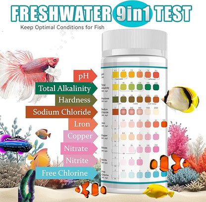 9-Way Aquarium Test Strips,50 Strips Aquarium Test Kit for Fish Tanks & Ponds, Quick & Accurate Water Testing Iron Copper Sodium Chlorine Nitrate Nitrite Total Alkalinity Hardness Free Chlorine pH