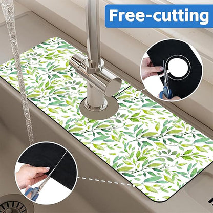 Tropical Eucalyptus Leaves Kitchen Sink Splash Guard Mat Absorbent Fast Drying