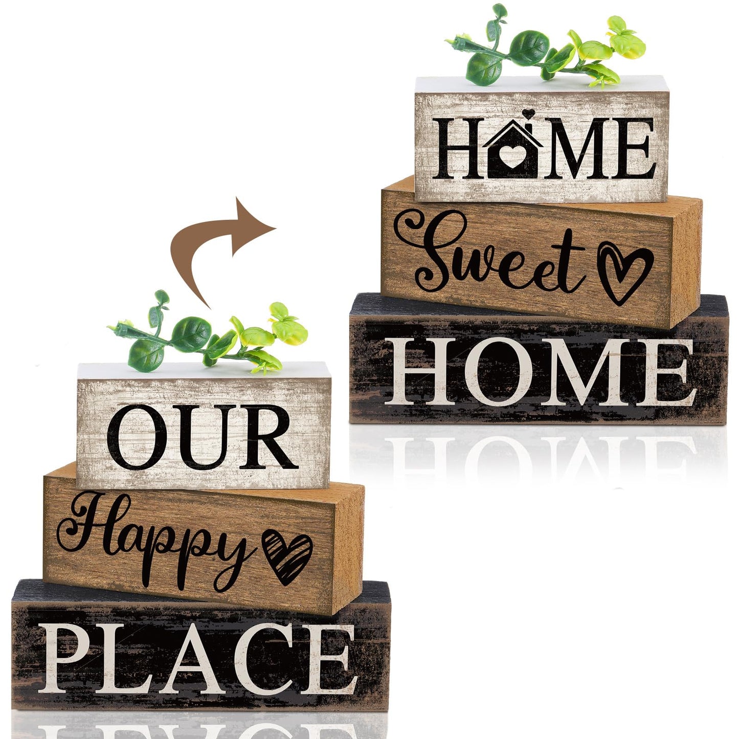 Briwooody 4 Pcs Farmhouse Wooden Table Decor Reversible Sweet Home Tiered Tray Decor Rustic Eucalyptus Leaves Wood Block Sign Gifts for Home Table Kitchen Shelf Fireplace Mantel Decoration