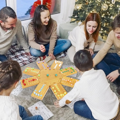 Marble Board Game,Wooden Board Game for 6-8 Players,Portable Design Marble Game with 32 Marbles 16 Dice, Family Game Night Gift for Kids & Adults