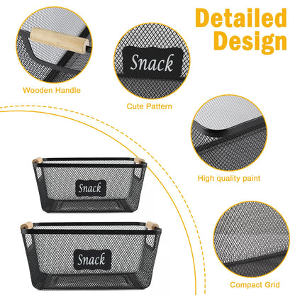Xbopetda Snack Organizer for Pantry Shelf, 2 Pack Metal Mesh Snack Baskets with Wooden Handles, Snack Bin for Snack Bar Station, Kitchen Cabinet Pantry Organizers and Storage