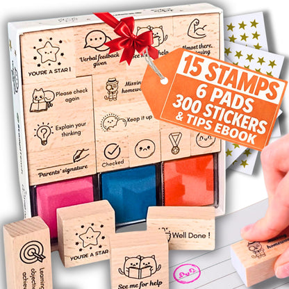 Teacher Stamps for Classroom Grading – Grading Stamp Set with Ink Pads & Stickers – Cute, Clear, Durable Feedback Stamps for Teachers – School Supplies for Elementary & ESL – Teacher Stationery