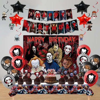 Mtgluk Horror Birthday Party Decorations Kit – 38 Pcs Halloween Themed Supplies with Banner, Backdrop, Tablecloth, Balloons & Cake Toppers for Spooky Celebrations