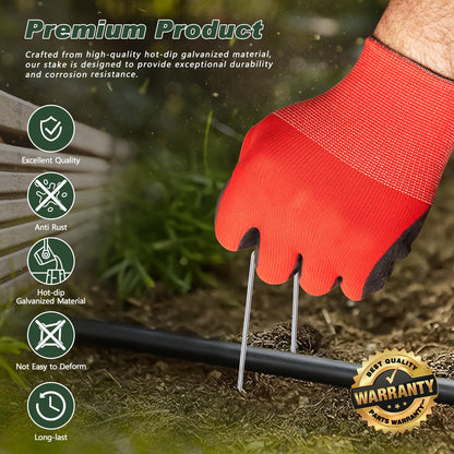 FEED GARDEN Landscape Staples 6 Inch 100 Pack Kit, Heavy Duty 11 Gauge Hot-Dip Galvanized Garden Stakes with 100 Gaskets & 1 Pick Hook for Weed Barrier, Landscape Fabric, Sod, Turf & Garden Edging