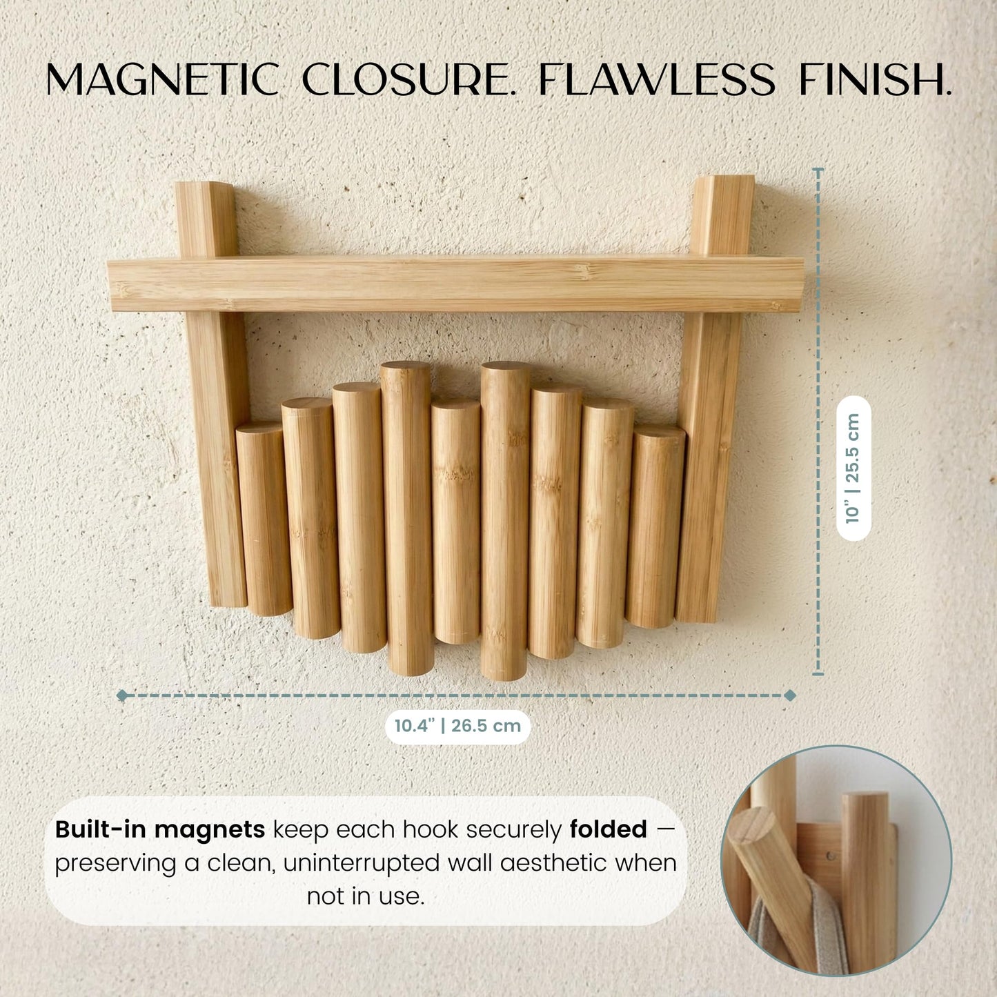 AURA NEST Bamboo Wall Mounted Coat Rack with Shelf Flip Down Wooden Hooks for Entryway Hallway Bedroom | Natural Piano Hanger, 3 Hooks, Space Saving Organizer