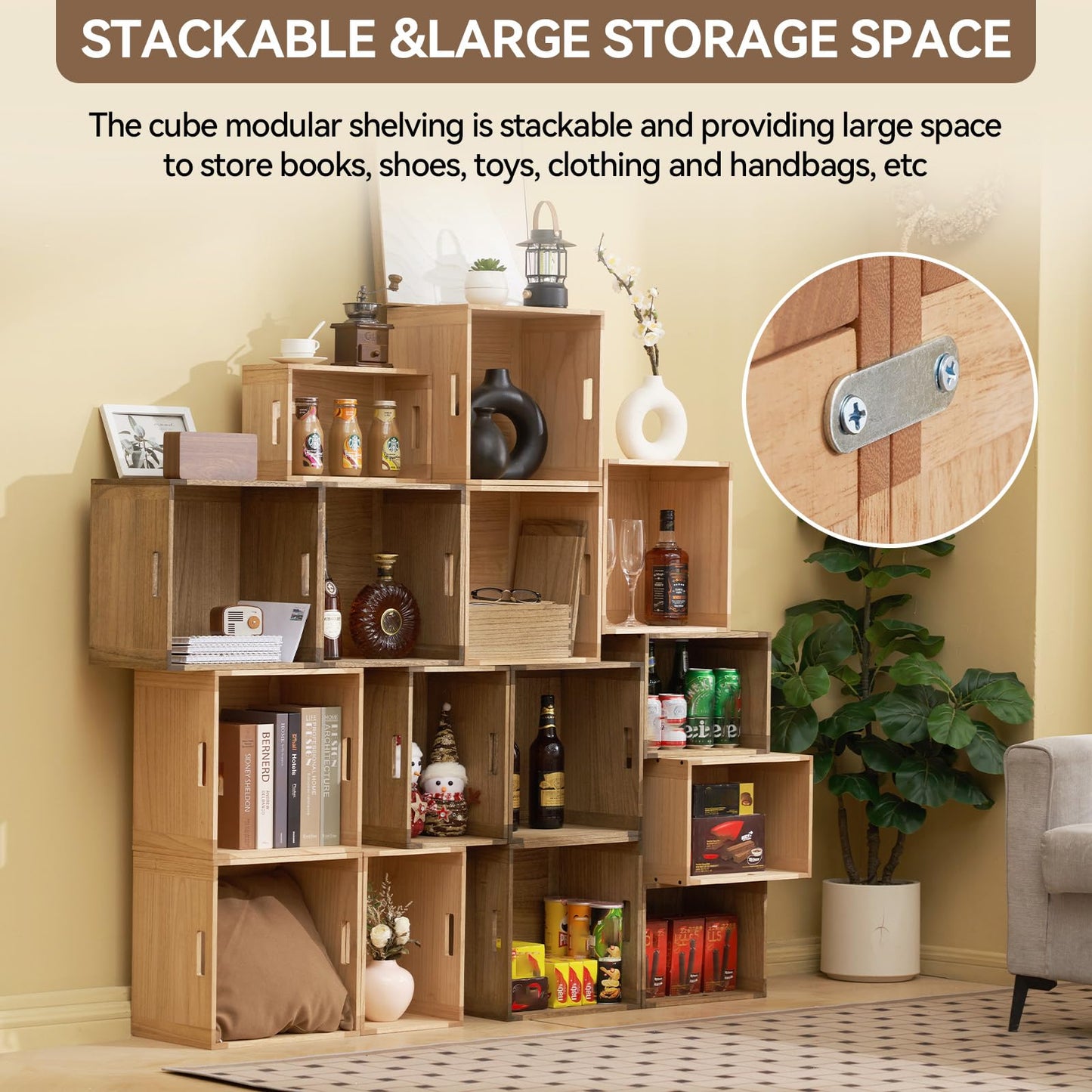 KIRIGEN Stackable Wood Storage Cube, Modular Open Cubby Bin with Handles for Books, Clothes, Closet, Bedroom, Pantry, and Home Office, Assembly Required, 14.17 x 14.17 x 10.31 Inch, F26-NA