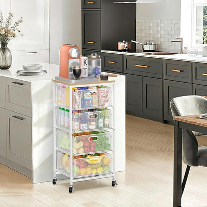 SUNALLY Rolling Kitchen Cart with Drawers, 4-Tier Utility Cart Fruit Vegetable Storage Cart with Lockable Wheels, Wooden Top Metal Kitchen Storage Organizer for Cans, Snacks, Beauty, Craft, Art, White