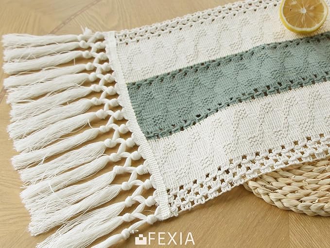 FEXIA Sage Green Table Runner 90 Inches Long with Tassels Boho for Summer Home Decor Rustic Macrame Farmhouse Table Cover for Wedding Party Bohemian Bridal Shower Dining Decorations(12x90 Inches)