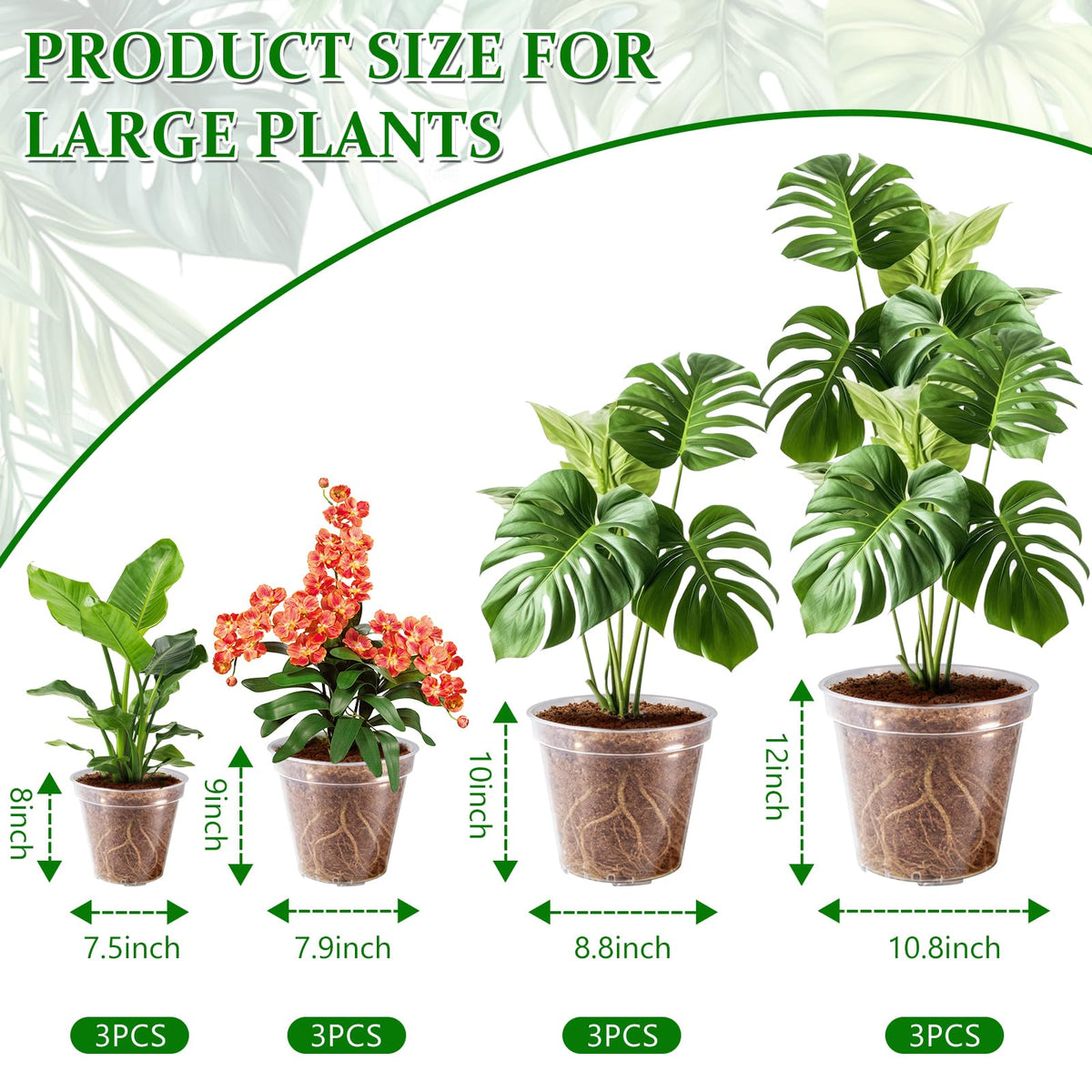 Simihiran 12 Pcs 8/9/10/12 Inch Large Clear Nursery Pots with Drainage Holes - Variety Pack Transparent Plant Pots for Orchids Succulents Indoor Outdoor Root Health