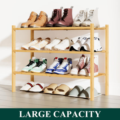 Smiry Bamboo Shoe Rack, 3 Tier Free Standing Wooden Shoe Organizer, Stackable Wood Shoe Storage Shelf for Closet, Entryway, 12 Vertical Slats, 2+1 Stack Standard Legs, 26.8"x11"x19.5", Natural