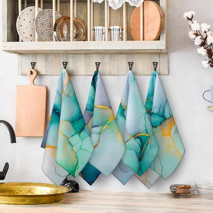 Teal Gold Kitchen Towel Set of 4 Soft Absorbent Marble Texture Turquoise
