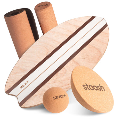 STAASH® Birch Wood Balance Board Full Kit – Wobble Trainer with Cork Roller, Mat, Ball & Disc – Eco-Friendly Core Trainer for Surf, Yoga, Fitness, Rehab – Video Library Included (Cacao)