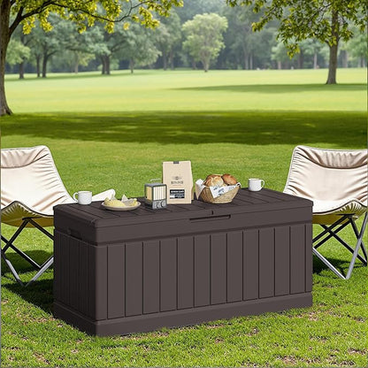 JUMMICO 78 Gallon Outdoor Deck Box Large Resin Storage Box for Patio Furniture Cushions and Garden Tools (Brown)