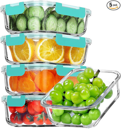 VERONES 5 Pack 36 OZ Glass Meal Prep Containers, Airtight Glass Lunch