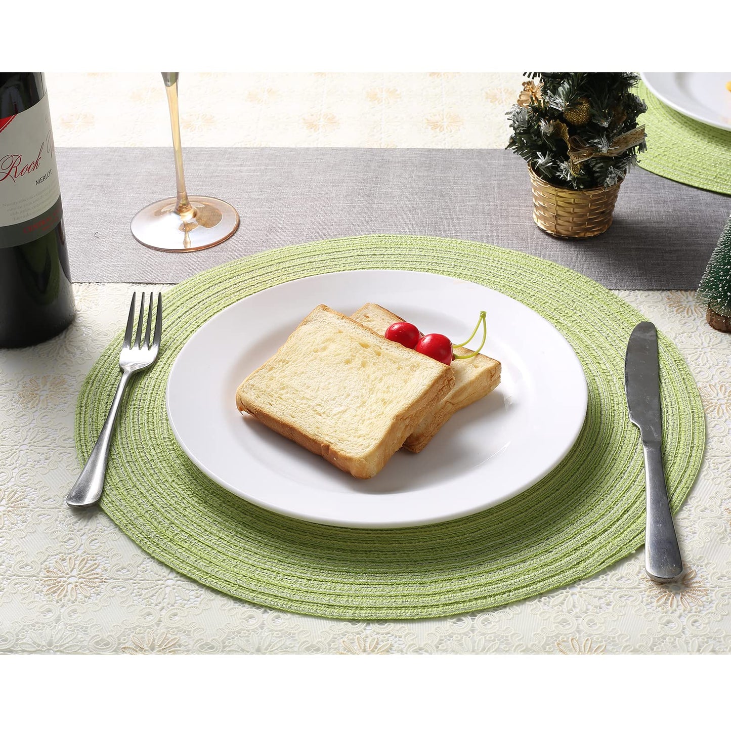 Placemats,Table Mats,Round Placemats Set of 6,Washable Easy Clean Heat-Resistant Non-Slip for Kitchen Table(Green)