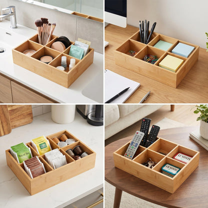 Ninebendstreams 2 Pack Bamboo Desk Organizer with Adjustable Dividers, Modular Wooden Storage Trays for Tea Bags, Snacks, Makeup Office Supplies Drawer Organizer Set for Home & Kitchen