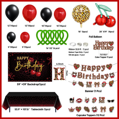 Cheetah and Cherry Birthday Decorations for Women Girls - Red and Black Balloon Arch Kit, Cherry and Cheetah Print Balloons, Tablecloth, Banners, Cake Toppers, Girls Night, Bachelorette Party Decor