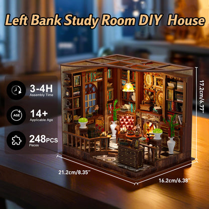 Hallisun DIY Miniature House Kit, Mini 3D Wooden Left Bank Study Building Kit with Furniture and LED, Tiny Diorama Dollhouse Model Set, Handmade House Craft Birthday for Adults Teens
