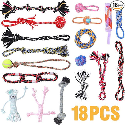 Dog Rope Toys for Small-Medium Dogs. 18 Pack for Teeth Cleaning, Chewing, Training Balls and Squeaky Toys. Best for Entertainment, Interaction,Tug of War Indoor and Outdoor.
