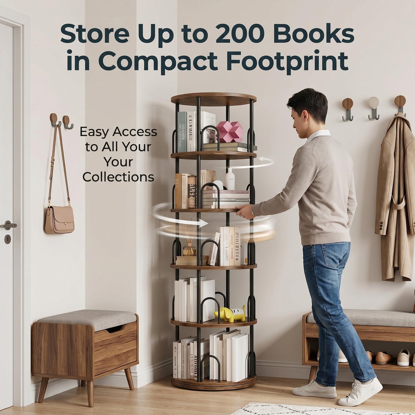 5 Tier Rotating Bookshelf, Corner Wooden, Metal Skinny Bookshelf for Toy Lego Dispaly Book Shelf Room Storage Organizer Furniture Black Tall Bookcase for Bedroom Living Room Office Kitchen Shelf