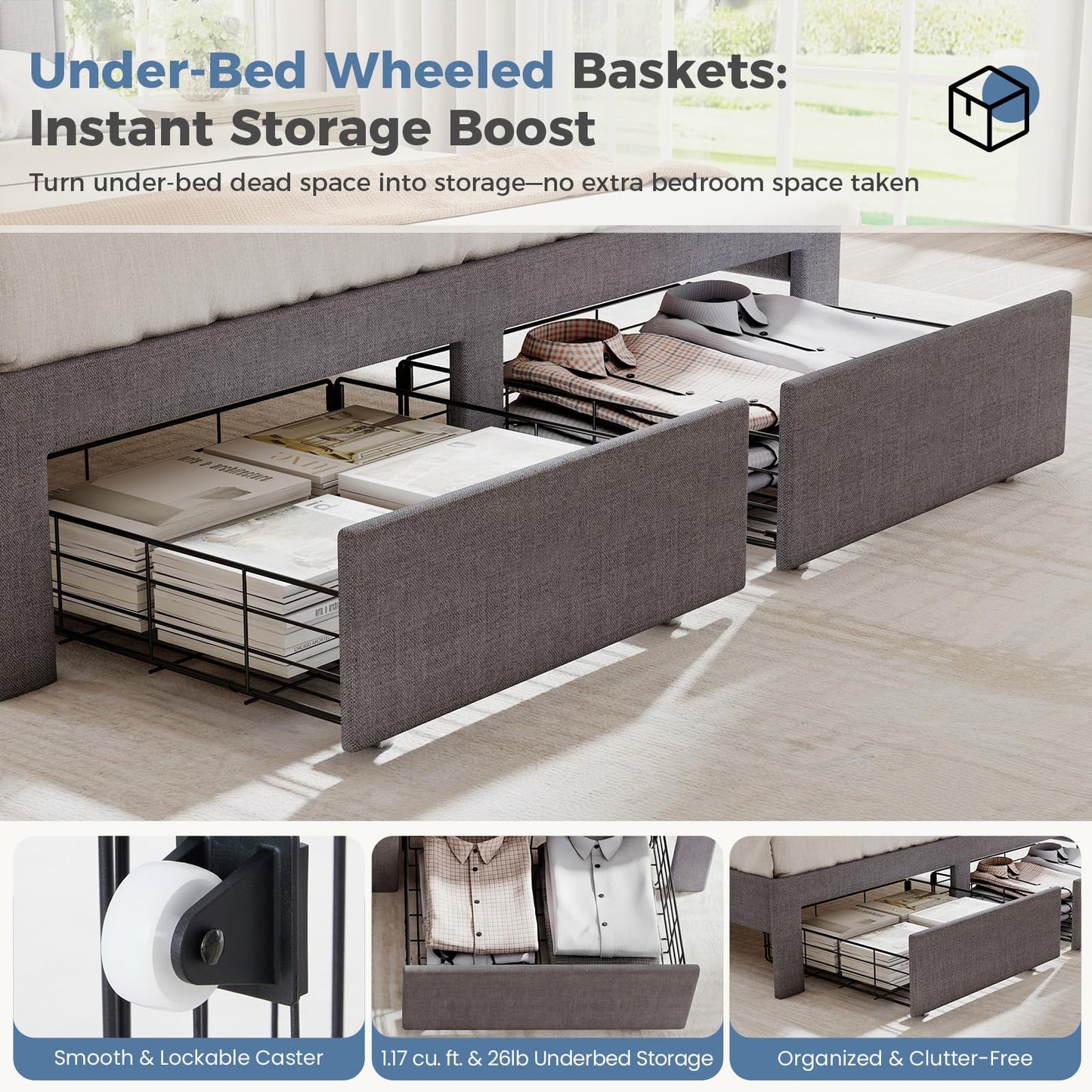 DUMOS Full Size Upholstered Platform Bed Frame, Full Bed with Storage Drawers and Fabric Headboard, Wooden Slats Support, 882 lbs Weight Capacity, No Box Spring Needed, Easy Assembly, Gray