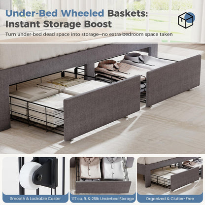 DUMOS Full Size Upholstered Platform Bed Frame, Full Bed with Storage Drawers and Fabric Headboard, Wooden Slats Support, 882 lbs Weight Capacity, No Box Spring Needed, Easy Assembly, Gray